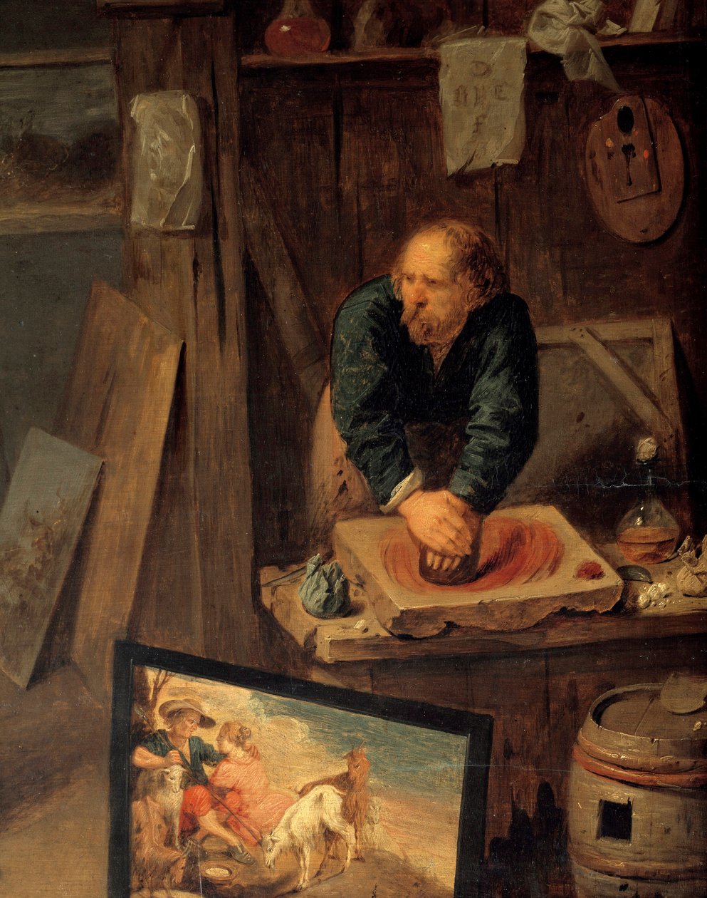 Malerværksted med modelposering og farvesliber Detalje. Maleri af David III Ryckaert (1612-1661), Ec. Flam af David III Ryckaert