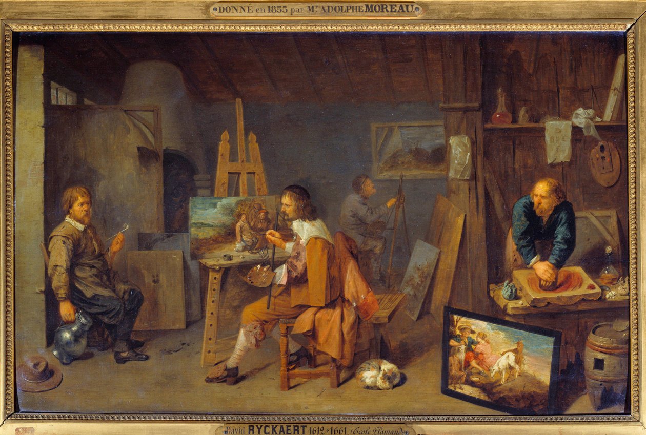 Malerværksted med poserende model og farvesliber. Maleri af David III Ryckaert (1612-1661), Ec. Flam af David III Ryckaert