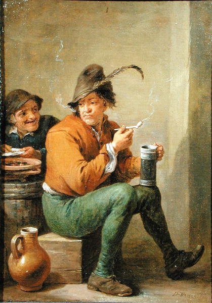 En bonde holder en stentøjskande og et lerrør (olie på panel) af David III Teniers
