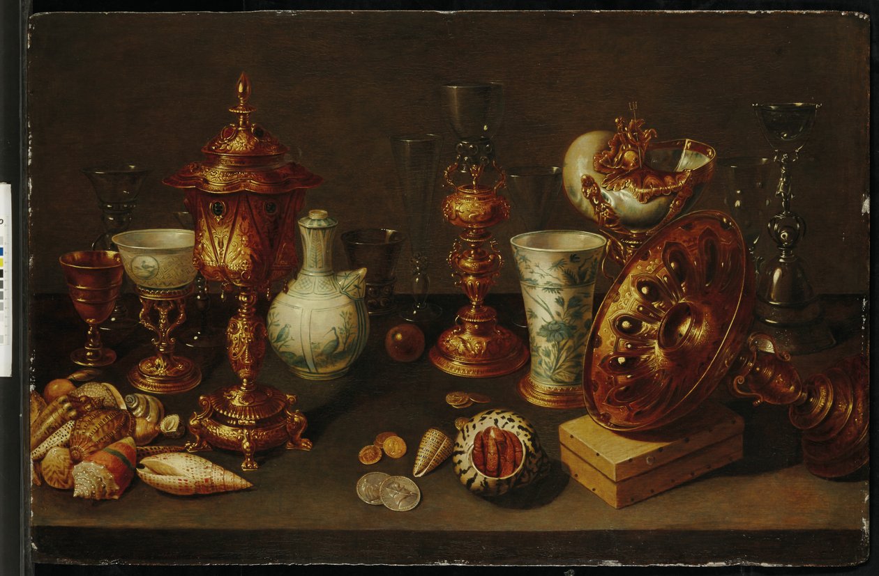 Stilleben med skaller, med nautilus, vaser, glas og koralgrene af David II Ryckaert