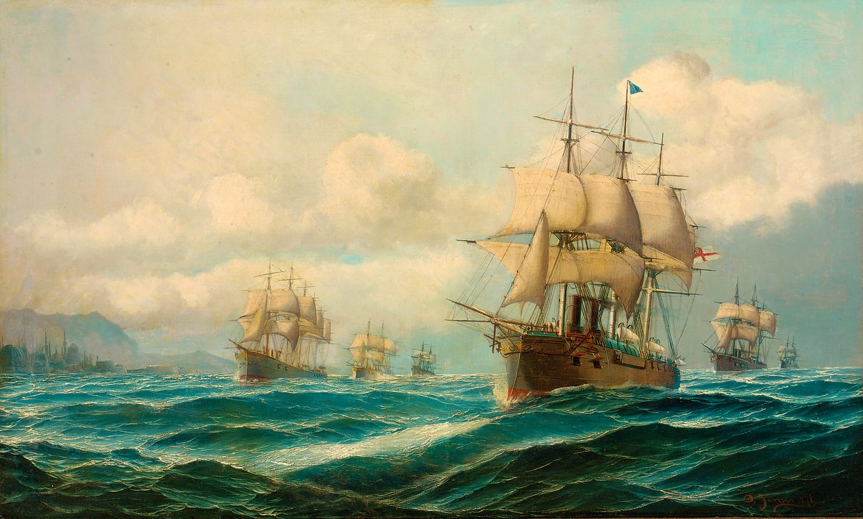 Viceadmiral Phipps Hornbys eskadron dampede gennem Dardanellerne på passage til Konstantinopel, februar 1878 af David James