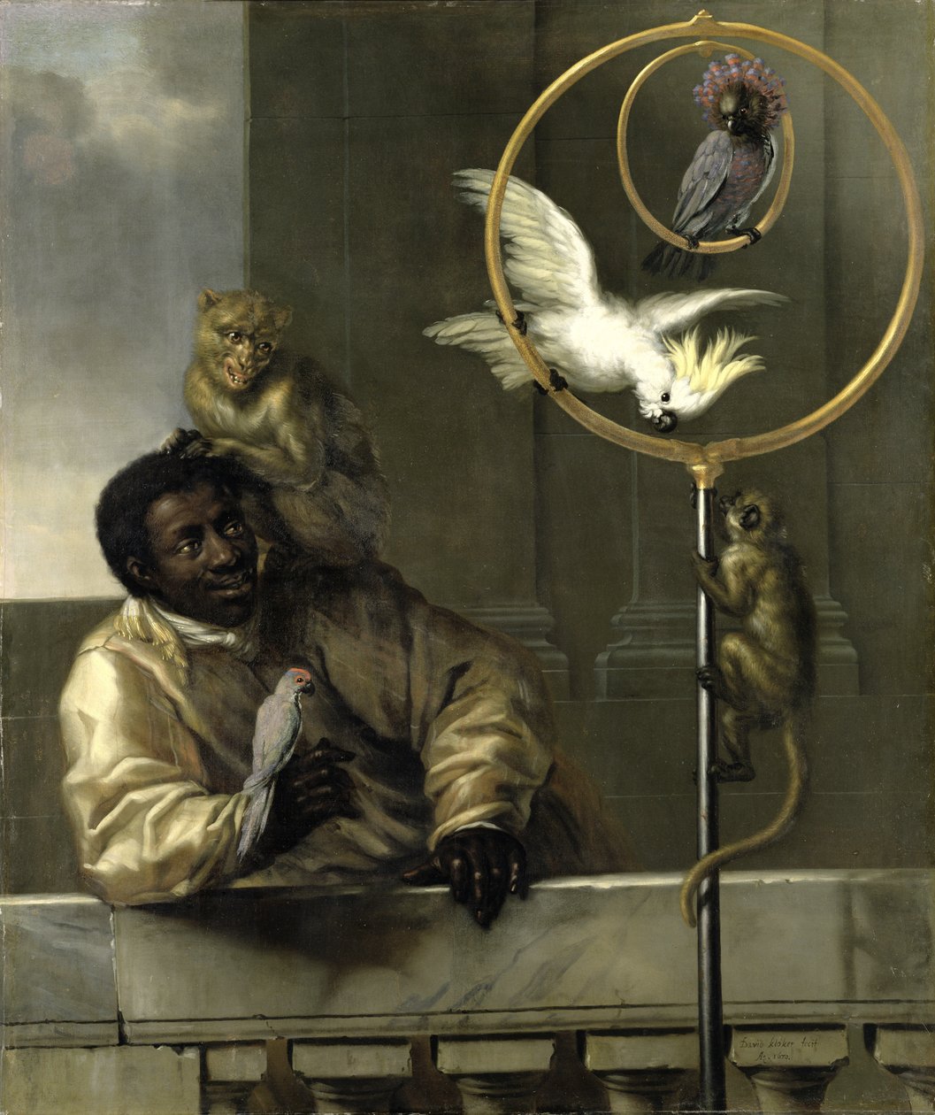 Sort mand med papegøjer og aber, 1670 af David Klöcker Ehrenstrahl