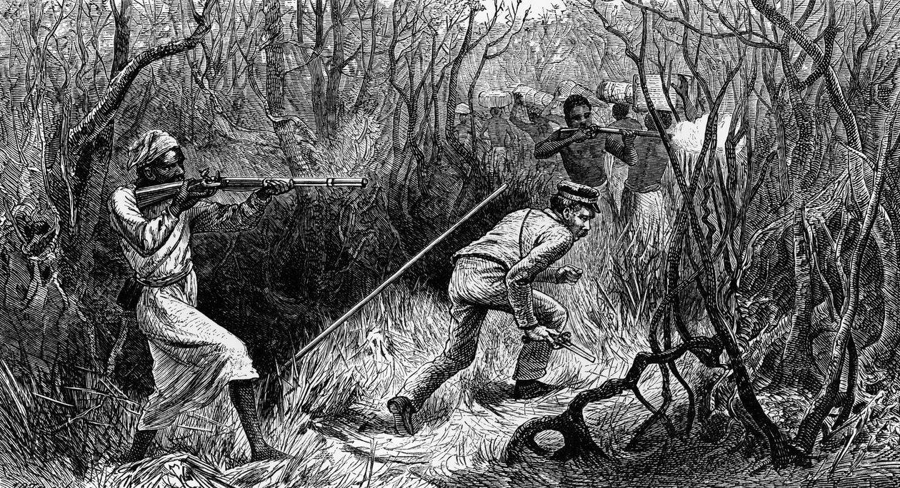 Manyema baghold, Centralafrika, gravering fra Last Journals of David Livingstone, af David Livingstone (1813-1873), London af David Livingstone