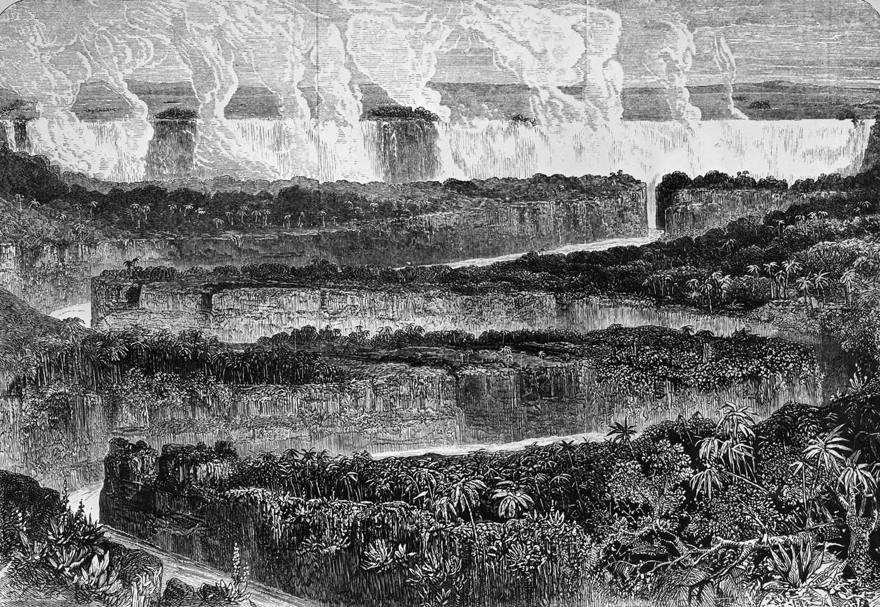 Udsigt over store grå stær i Zambezi, kendt som Mosi-oa-Tuny eller Victoria Falls, Zambia, gravering fra Narrative of Expedition til Zambezi og dens bifloder, af David Livingstone (1813-1873) og Charles Livingstone (1821-1873), London af David Livingstone