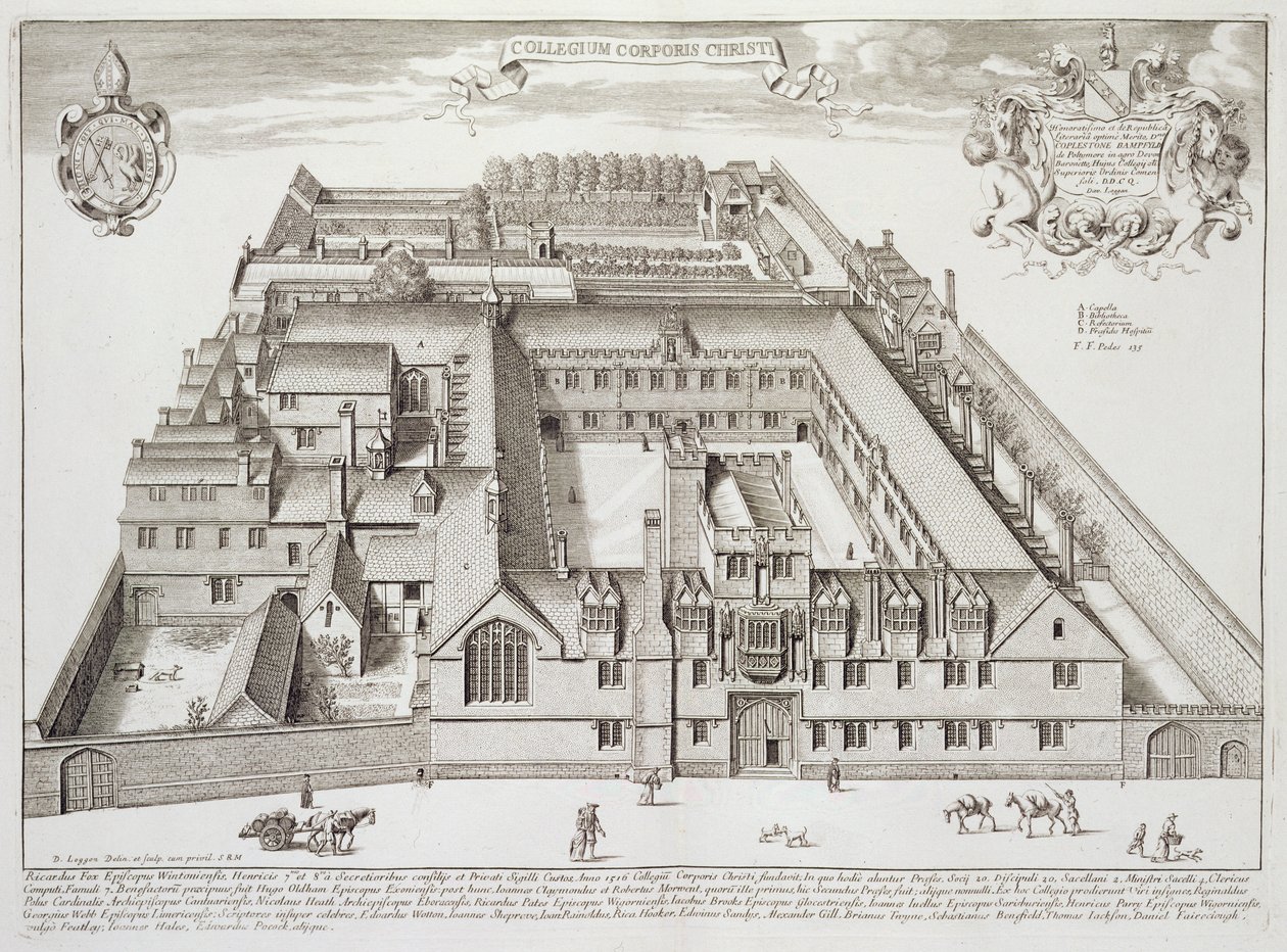 Corpus Christi College, Oxford, fra "Oxonia Illustrated", udgivet i 1675 (stik) af David Loggan