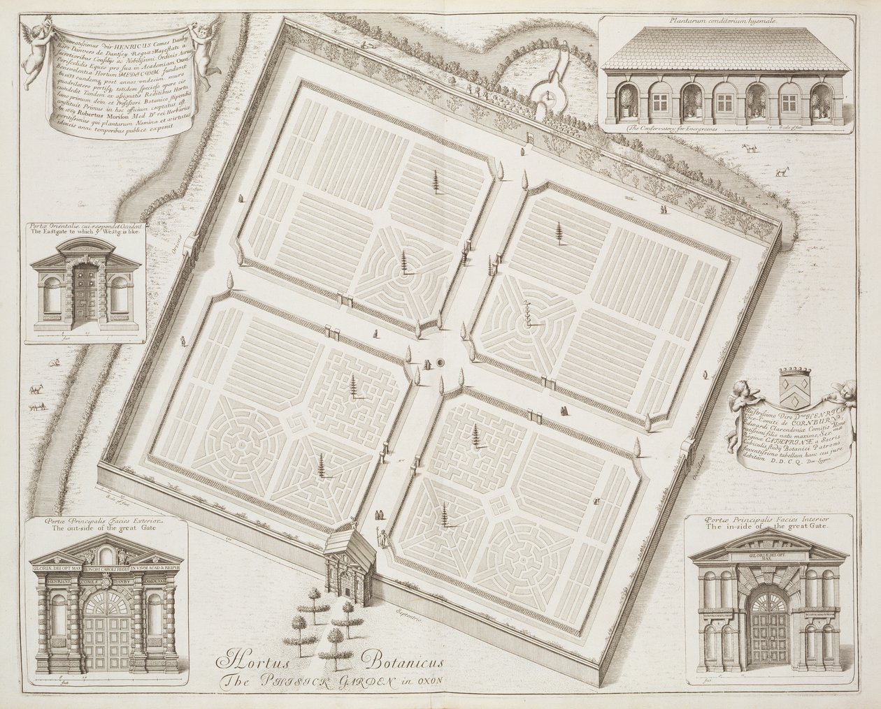 Hortus Botanicus, The Physick Garden, Oxon, fra "Oxonia Illustrata", udgivet i 1675 af David Loggan
