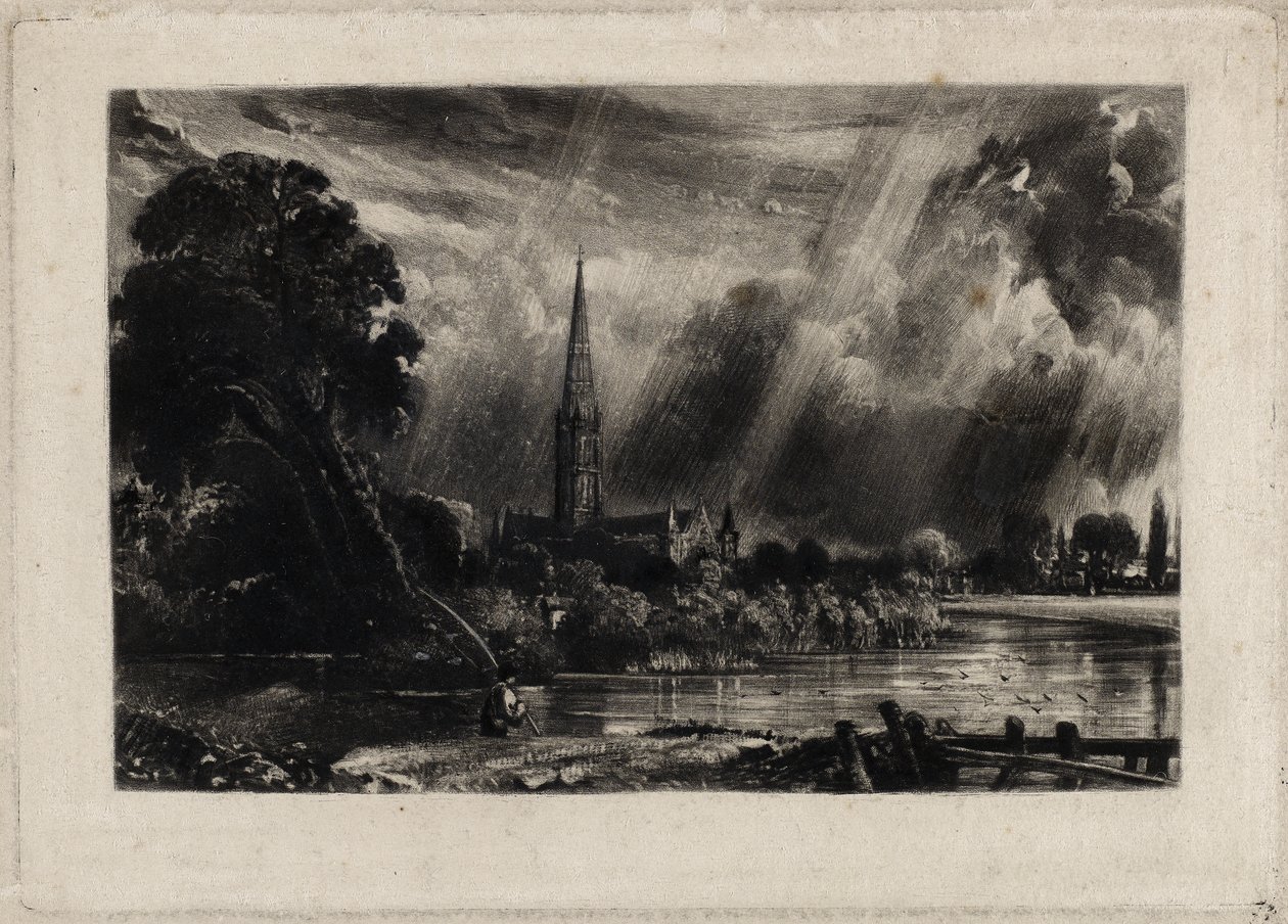 Salisbury Cathedral, ca. 1832 (mezzotint med hvidt kridt på lagt papir) af David Lucas