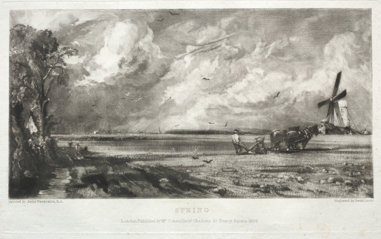 Forskellige emner af landskab, karakteristisk for engelsk landskab fra billeder malet af John Constable, R.A.: Spring. En Mølle på en Fælled. Hagl Squalls. Østre Bergholt, Suffolk af David Lucas