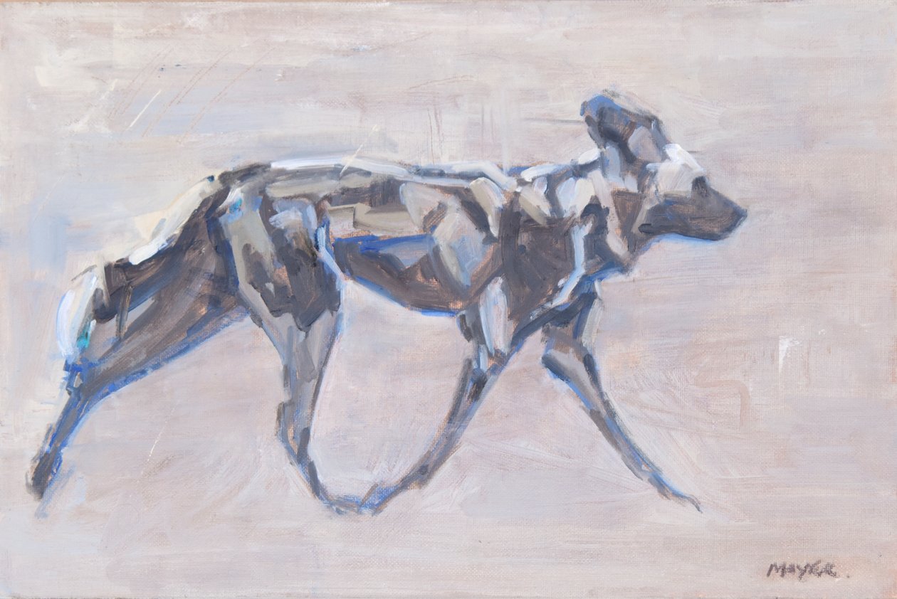African Painted Dog (vild hund), 2024 (olie på lærred) af David Mayer