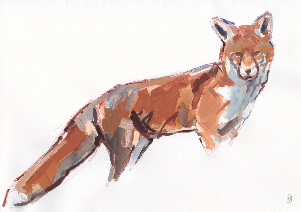 Red Fox, 2021 (gouache og akvarel/farveblyant på papir) af David Mayer