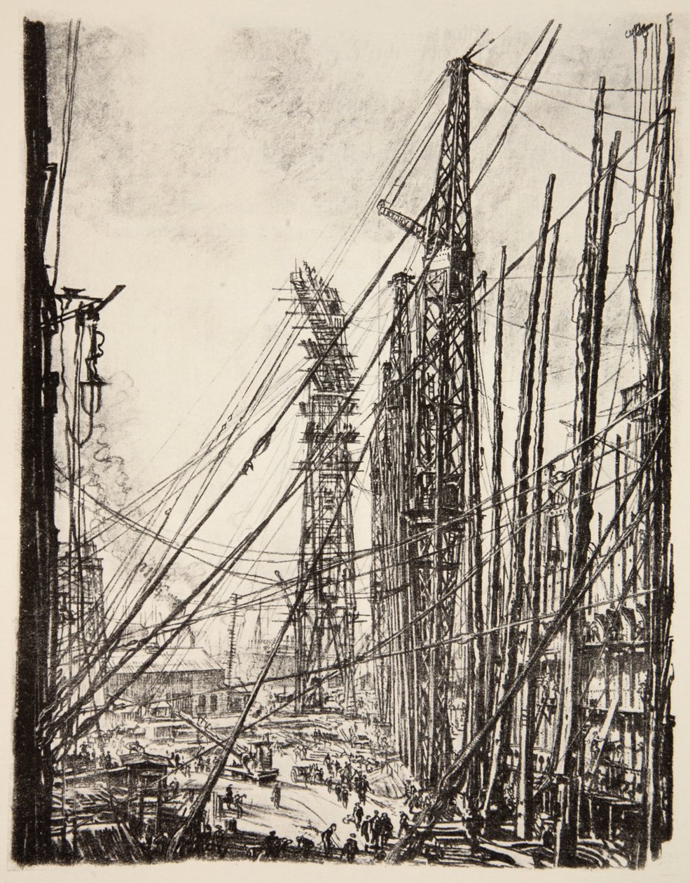 Et skibsværft, illustration fra "The Western Front", udgivet af Country Life Ltd. af David Muirhead Bone