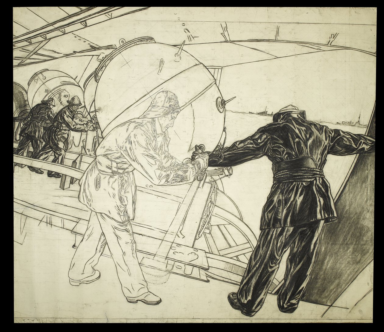 Tegning i fuld størrelse til Winter Mine-Laying off Iceland, ca. 1942 (kul på papir) af David Muirhead Bone
