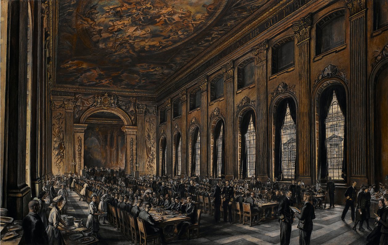 Officerer, der spiser i den malede sal (på Royal Hospital i Greenwich, England, for flådepensionister) under Anden Verdenskrig (1939-1945) af David Muirhead Bone