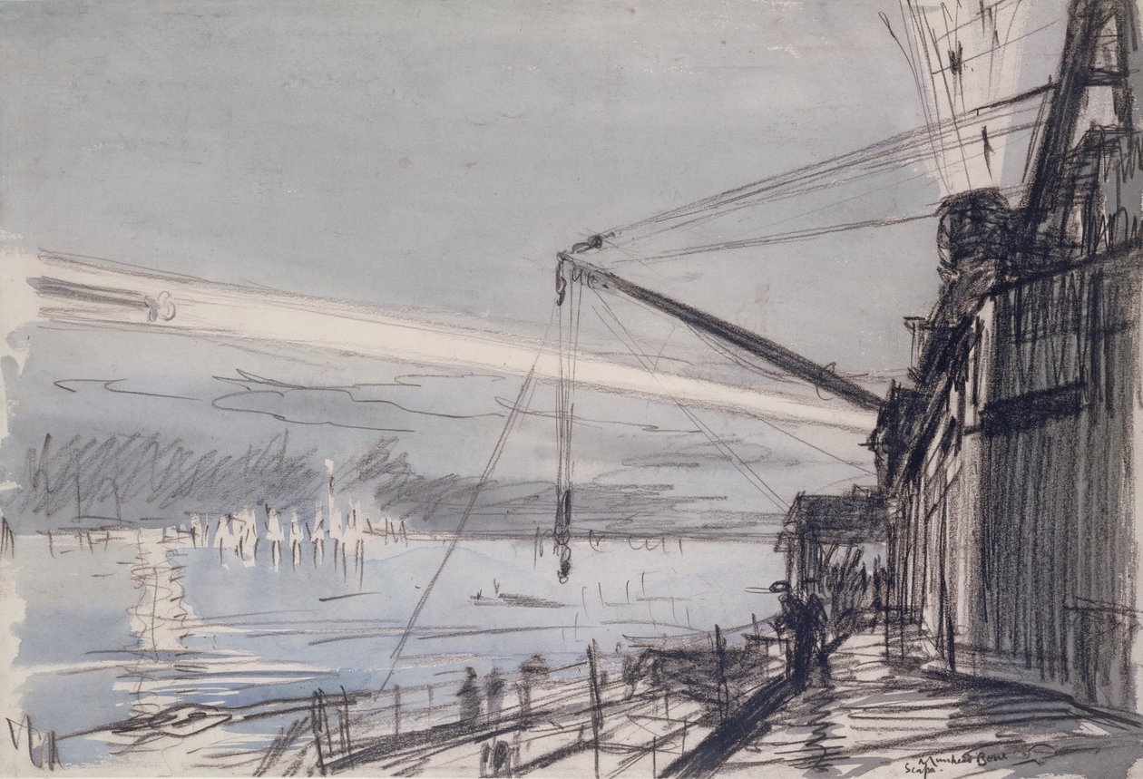 Søgelys ved Scapa Flow (akvarel på papir) af David Muirhead Bone