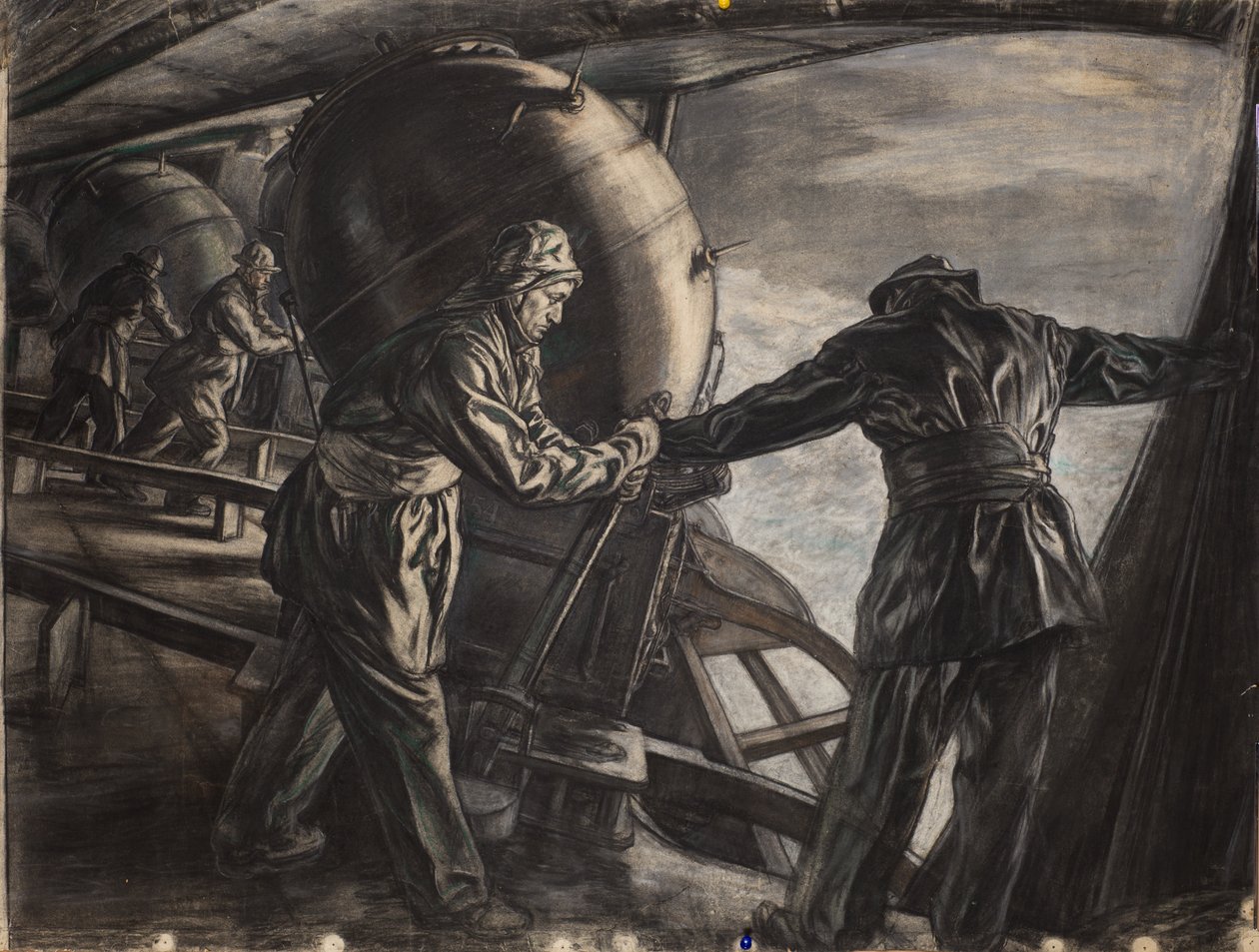 Studie til vinterminelægning ud for Island, ca. 1942 (kul og farvet kridt på papir) af David Muirhead Bone