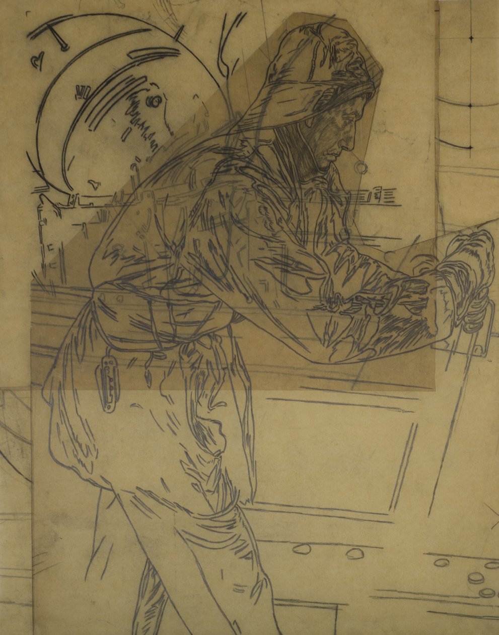 Studie til vinterminelægning ud for Island, ca. 1942, kat. 6 (kulblyant på kalkerpapir) af David Muirhead Bone