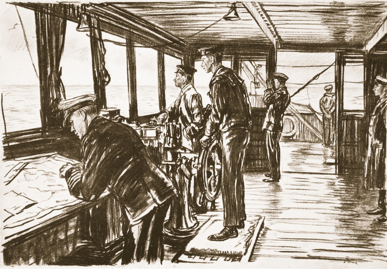 Broen på et handelsskib til søs, illustration fra 