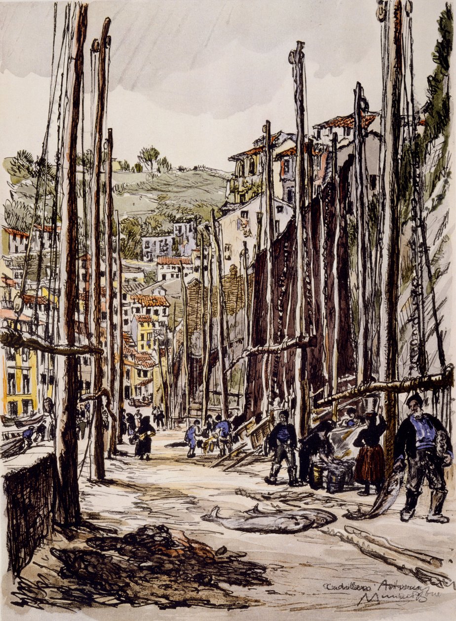 Kaninfiskerne, Cudillero, Asturiens kyst af David Muirhead Bone
