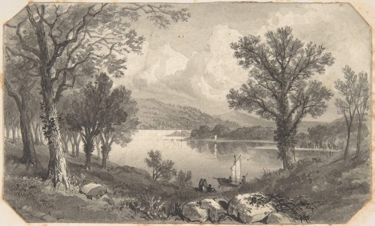 Udsigt over en sø eller flod med en sejlbåd af David Octavius Hill