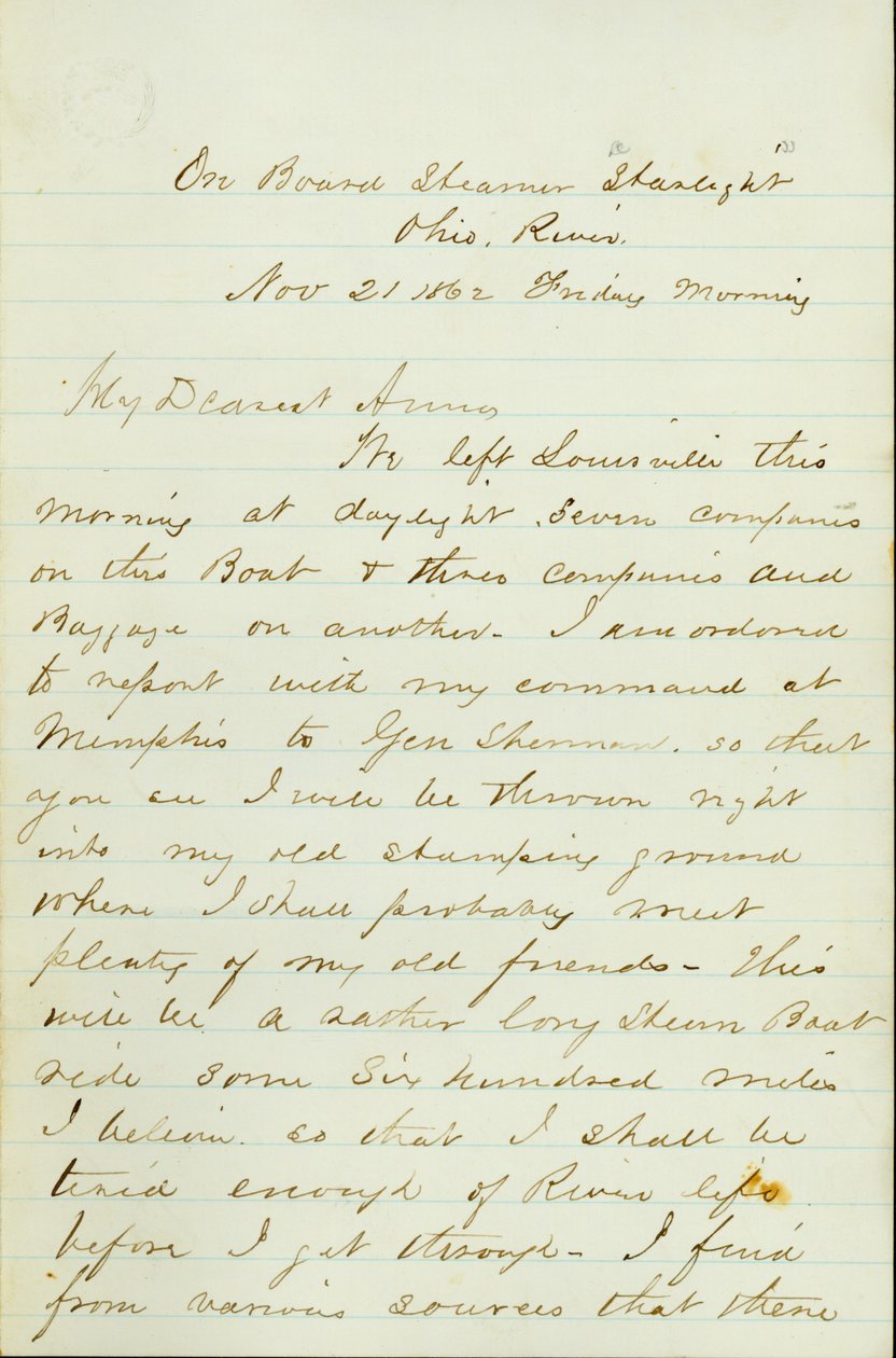 Brev fra D. P. Grier, om bord på Steamer Starlight, Ohio River, til Anna McKinney, 21. november 1862 af David Perkins Grier