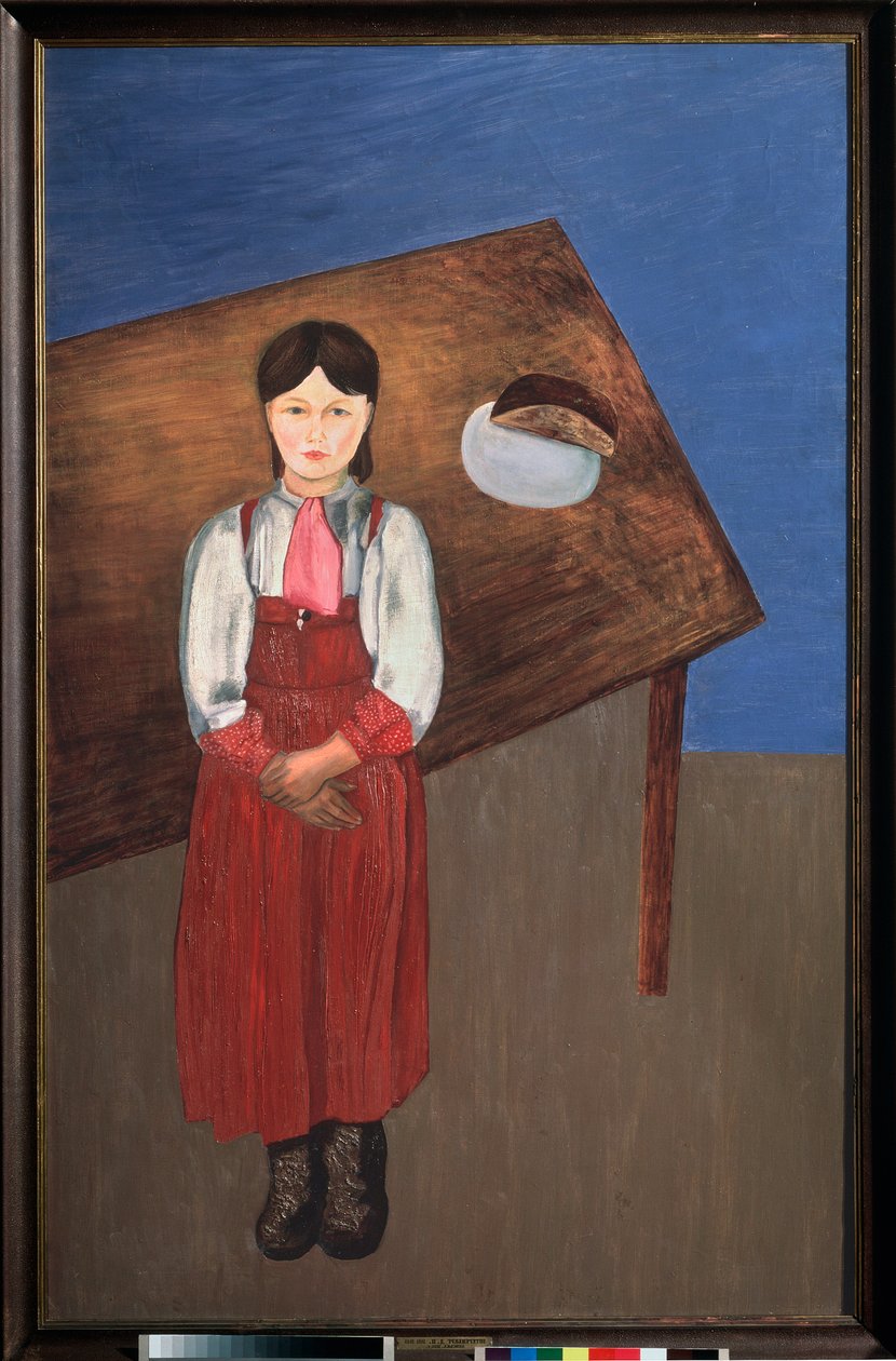 Aniska. (portræt af en melankolsk lille pige foran et bord). Maleri af David Petrovich Sterenberg (1881-1948), olie på lærred af David Petrovich Sterenberg