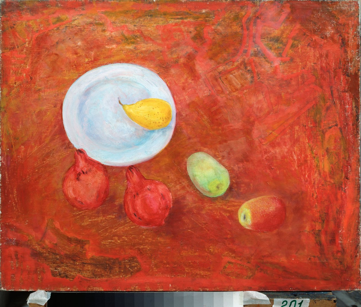 A Plate and Fruits - Maleri af David Petrovich Sterenberg (1881-1948), olie på lærred af David Petrovich Sterenberg