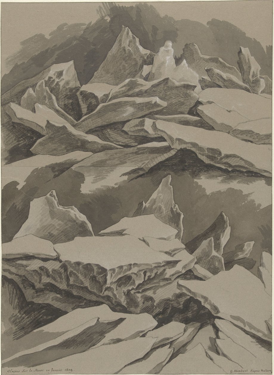 Isflager på Maas, januar 1809 Glaçons sur la Meuse en Janvier 1809 (titel på objekt) af David Pièrre Giottino Humbert de Superville (signed by artist)