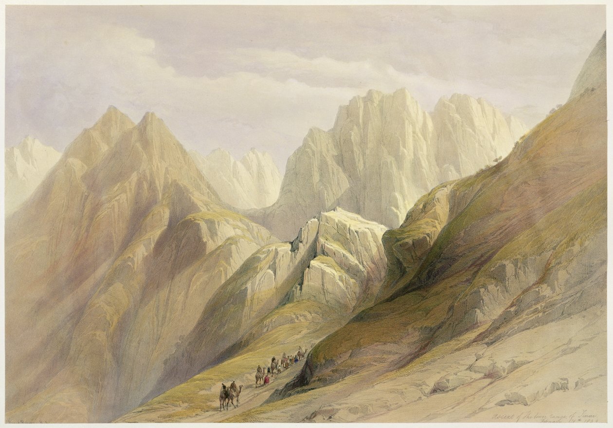 Bestigning af den nedre del af Sinai, 18. februar 1839, plade 114 fra bind III af "The Holy Land", graveret af Louis Haghe (1806-85), udg. 1849 af David Roberts
