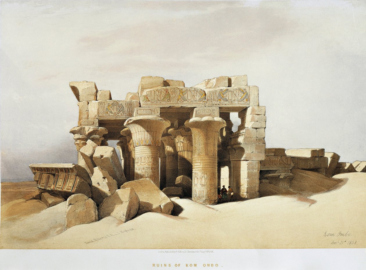 Egypten, ruinerne af templet Kom Ombo dedikeret til Sobek og Horus, af David Roberts, gravering af David Roberts