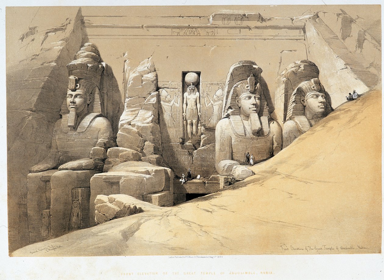 Forside af det store tempel Aboo Simbel (Aboosimbel, Abu eller Abu Simbel), Nubia (Nubia) i "" Det Hellige Land"", London 1849 af David Roberts
