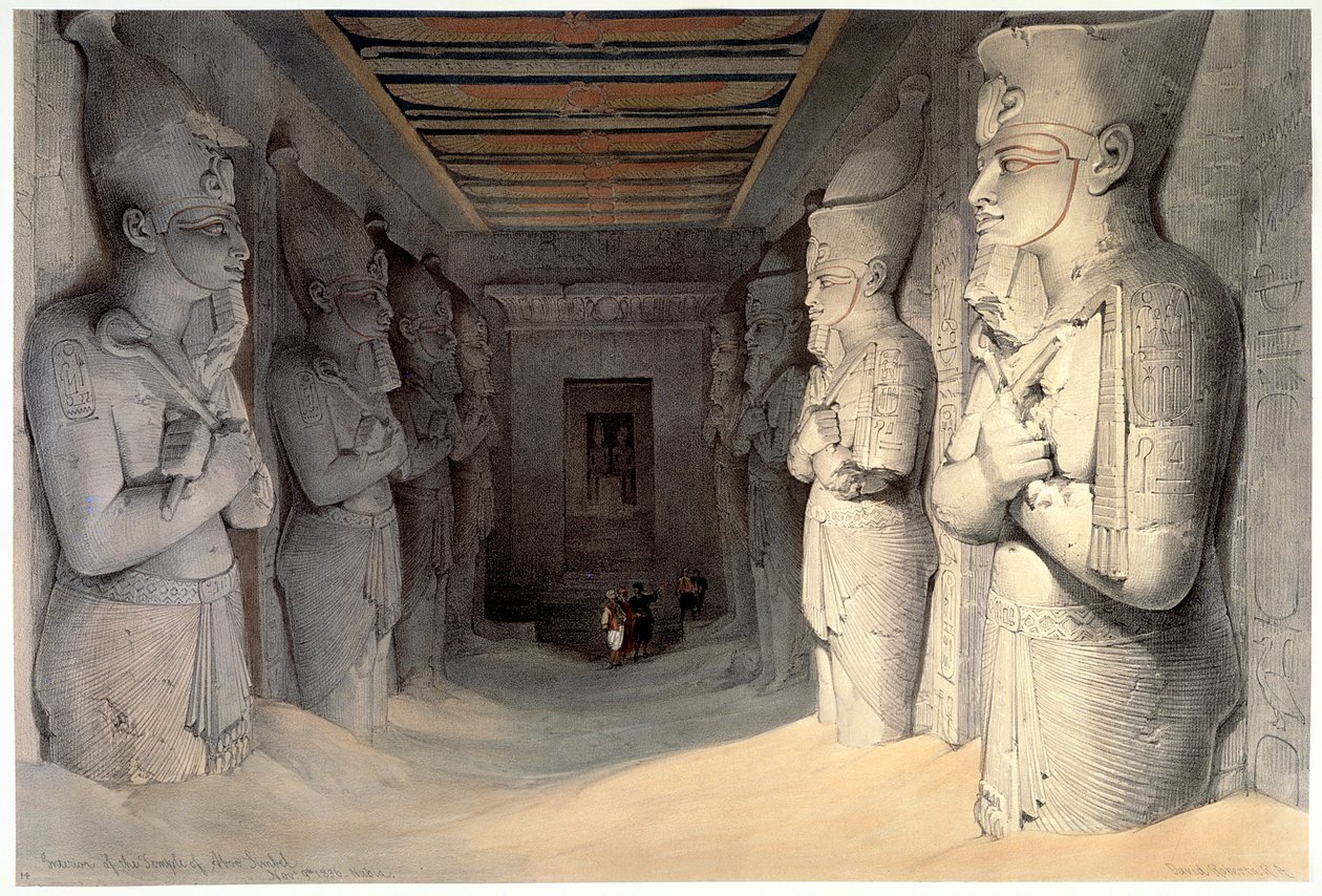 Kæmpe kalkstensstatuer af Ramses II, Ramses tempel, Abu Simbel, Egypten, 1836 af David Roberts