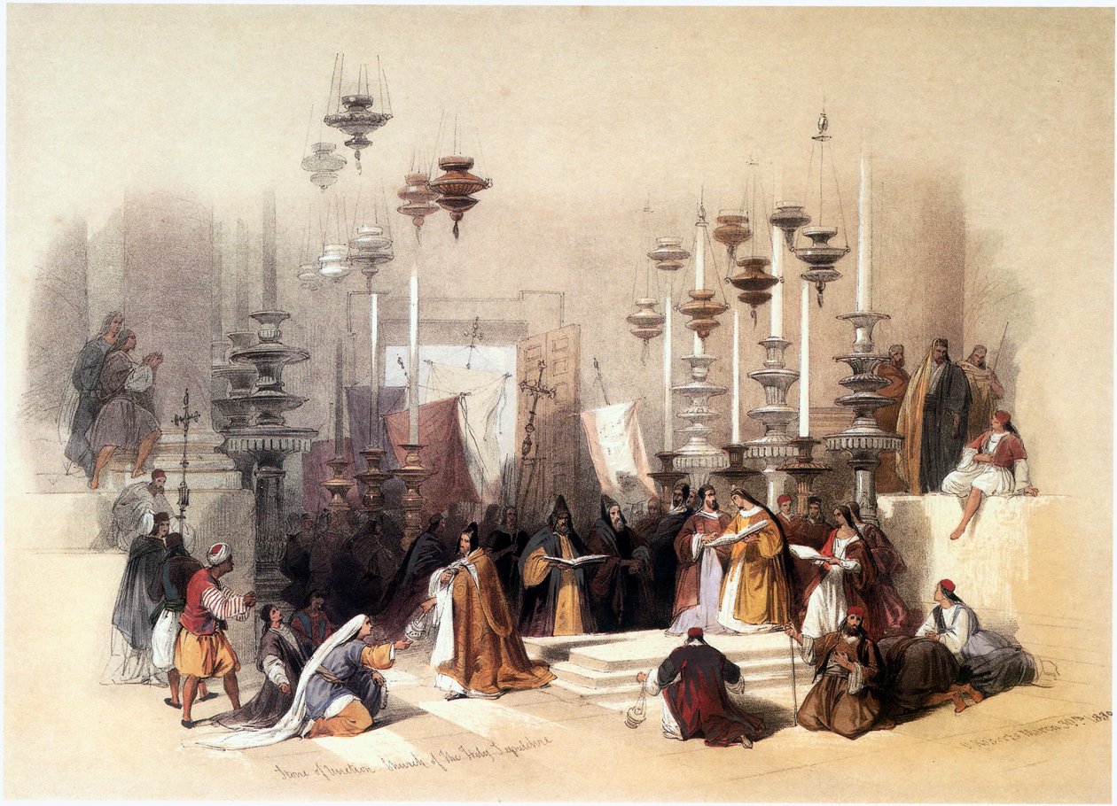 I det hellige land: Jerusalem, Den Hellige Gravs Kirke, Salvningsstenen ... af David Roberts