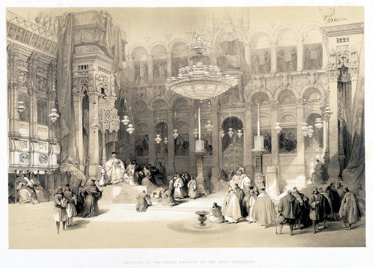 Interiør af Creek Church of the Holy Sepulchre, tegning lavet 11/04/1839 i "The Holy Land"", London 1849 af David Roberts