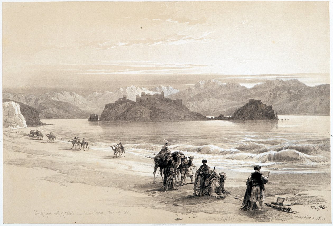 Øen Graia, Akabah-bugten (Akaba eller Aqaba), tegning lavet 27/02/1839 i "" The Holy Land"", London 1849 af David Roberts