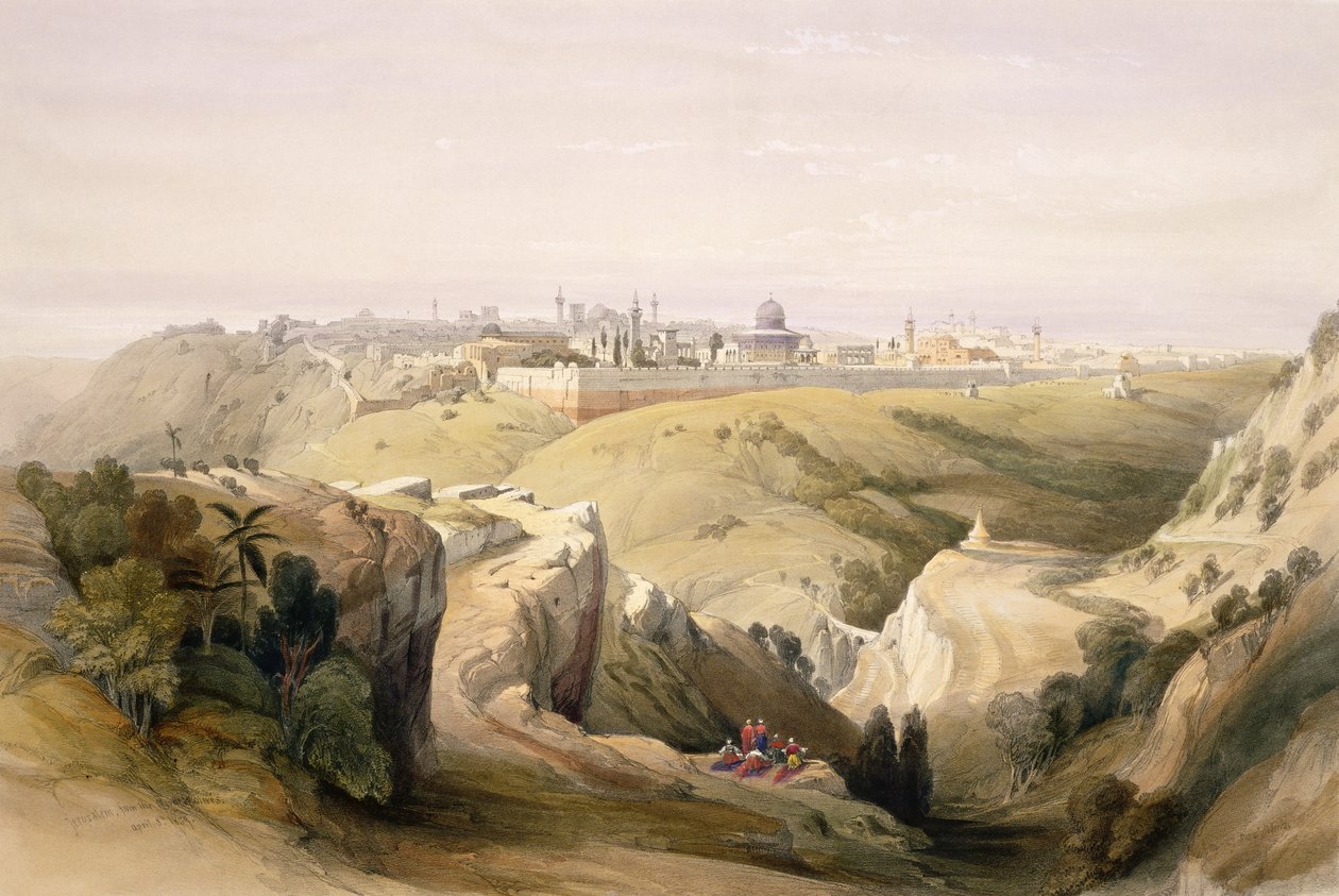 Jerusalem set fra Oliebjerget, 8. april 1839, planche 6 fra bind I af "Det hellige land", graveret af Louis Haghe (1806-85), udg. 1842 af David Roberts
