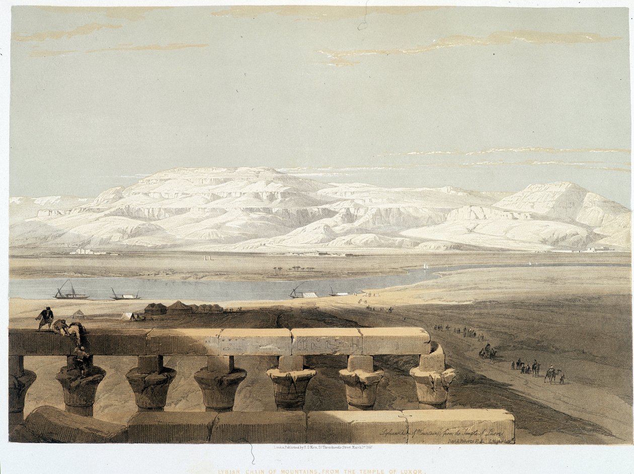 Bjerg i Libyen, set fra templet i Luxor i Egypten. Tegningen blev lavet i 1838 i "" Det hellige land", London 1849 af David Roberts