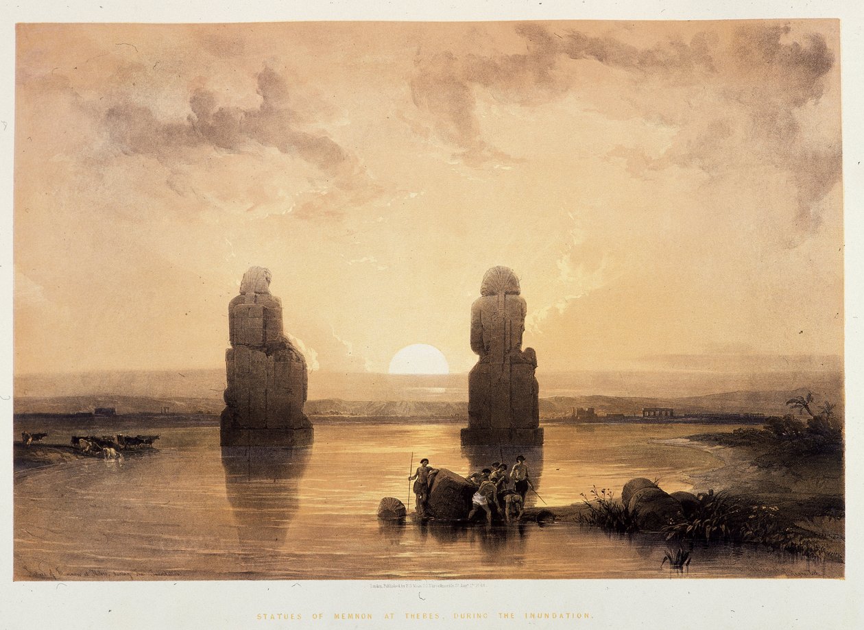 Statuer af Memnon (Kolosser af Memnon) ved Theben under oversvømmelsen - i "Det Hellige Land"", London 1849 af David Roberts