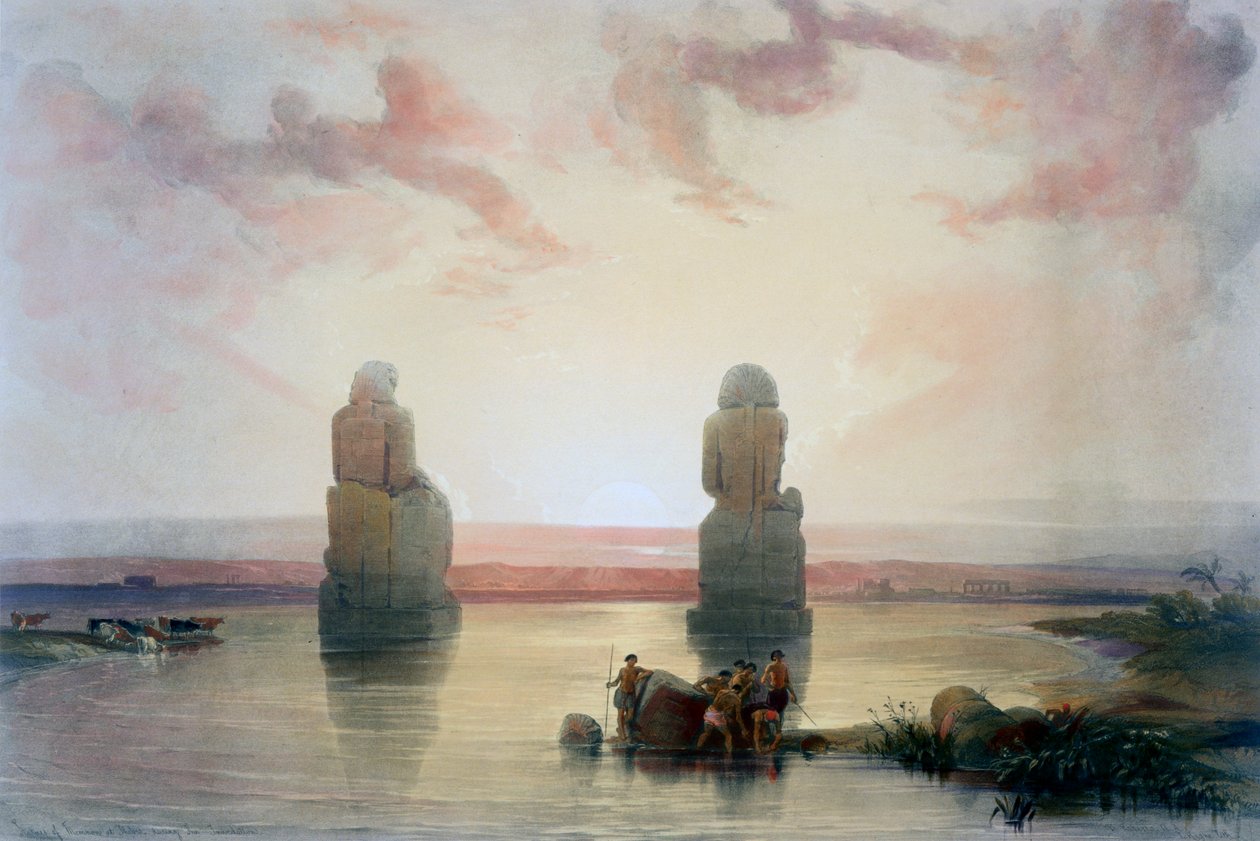 Memnon-kolosserne ved Theben under oversvømmelsen, 1800-tallet af David Roberts