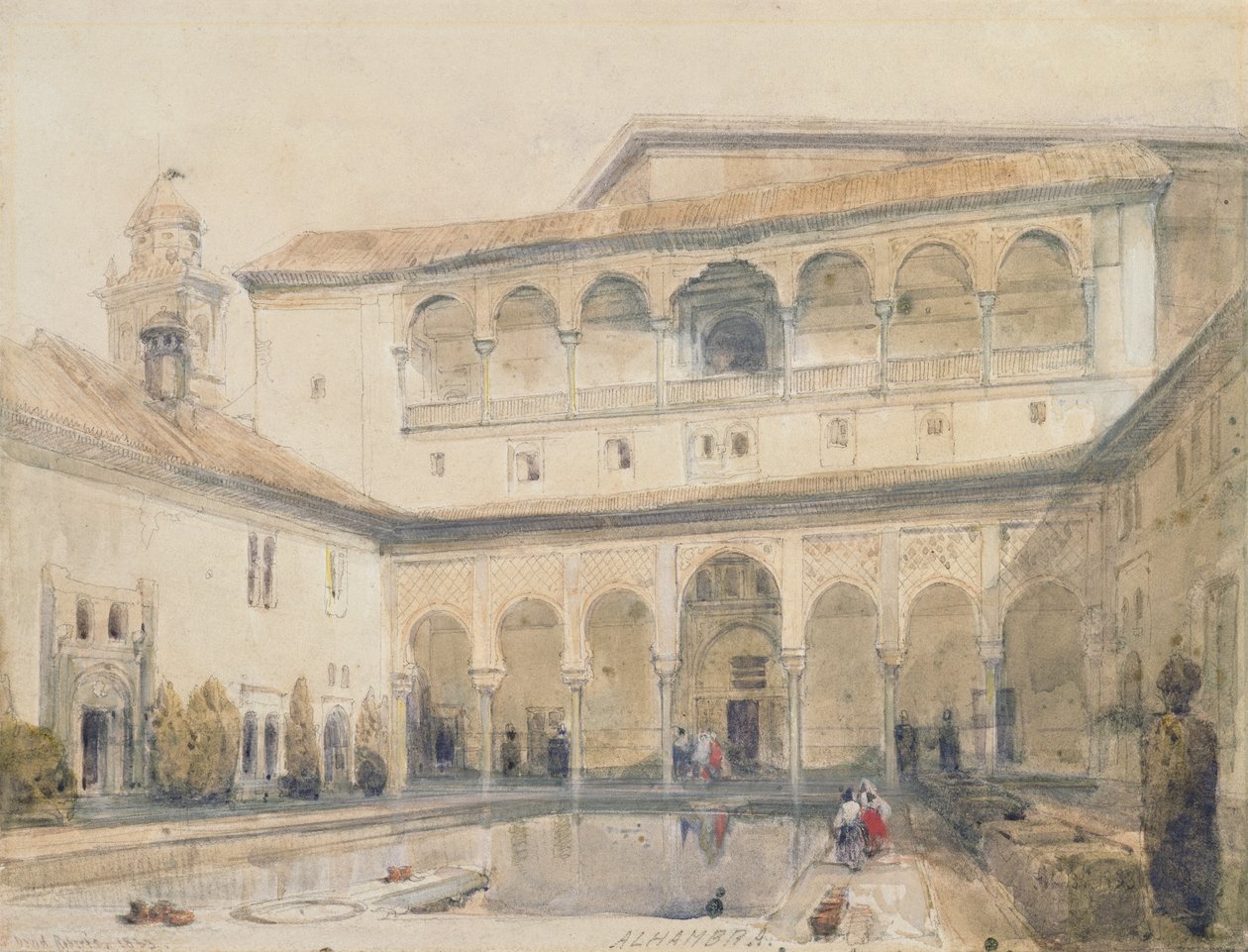 The Court of Myrtles, Alhambra (eller Hall of Myrtles, Alhambra) 1833 (blyant og akvarel på papir) af David Roberts
