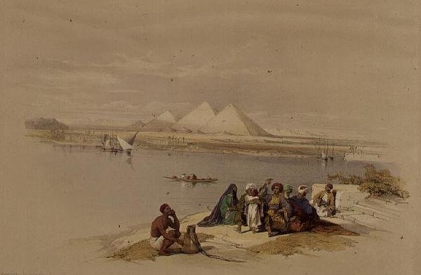 Pyramiderne i Giza fra Nilen, fra "Egypt and Nubia", Vol.1 (litho) af David Roberts