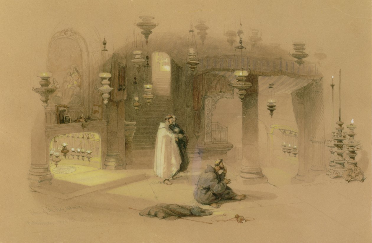 The Shrine of the Holy Nativity, Bethlehem, 1839 (wc over blyant, forhøjet med gouache og gummi arabicum på brunpapir) af David Roberts