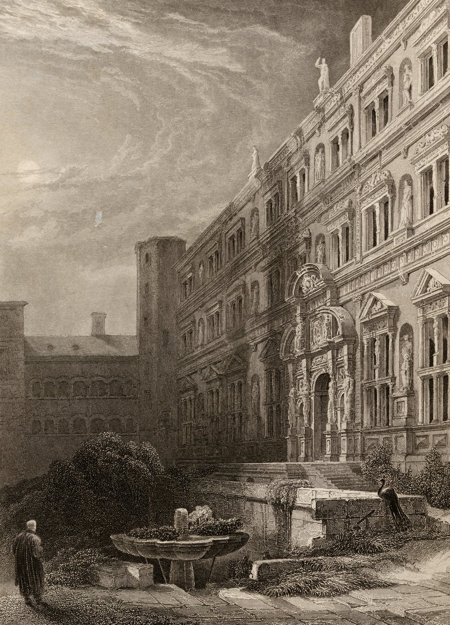 Heidelbergs store hof, indgraveret af H. Winkles, illustration fra 