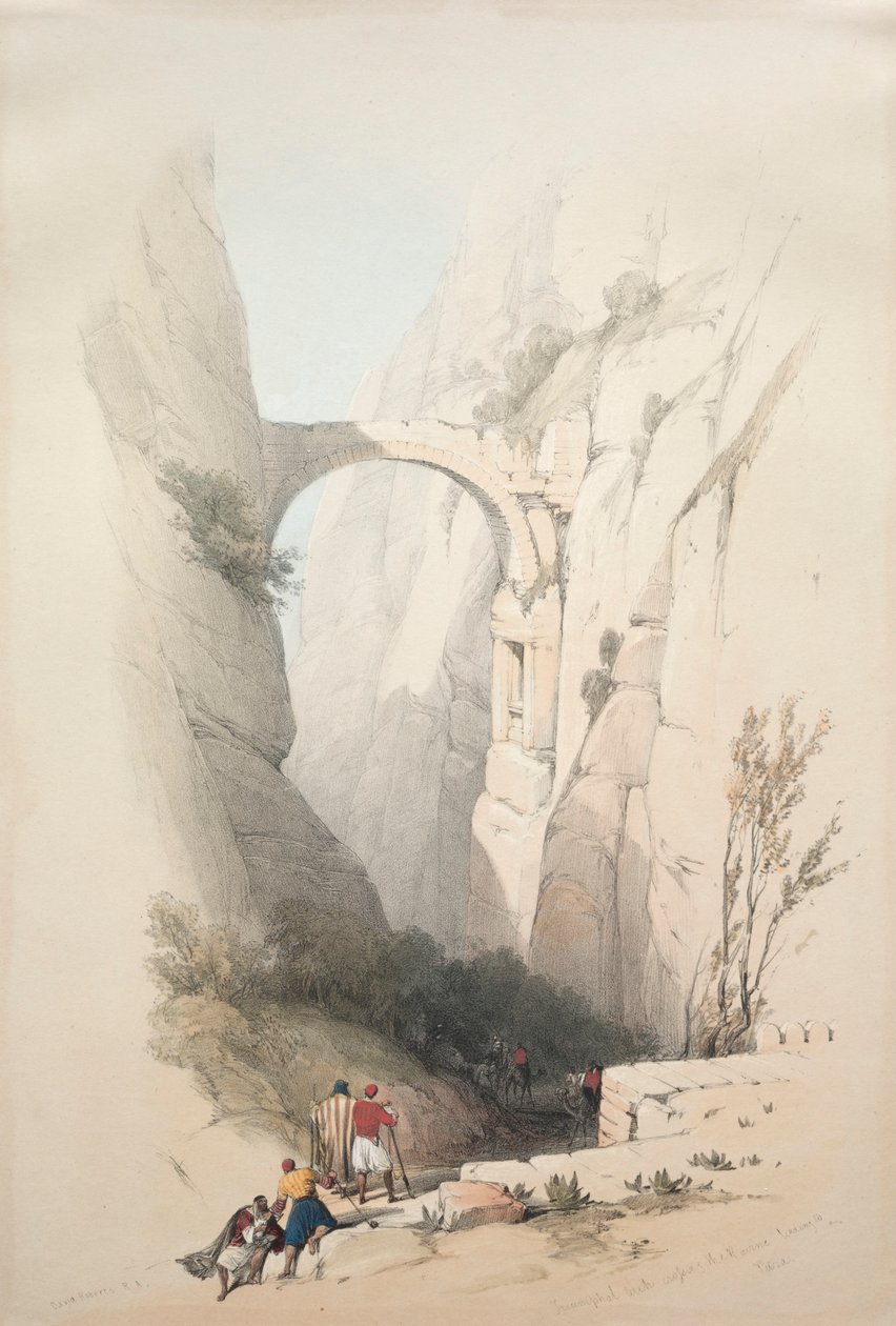 Triumfbue krydser kløften, der fører til Petra, 1839. af David Roberts