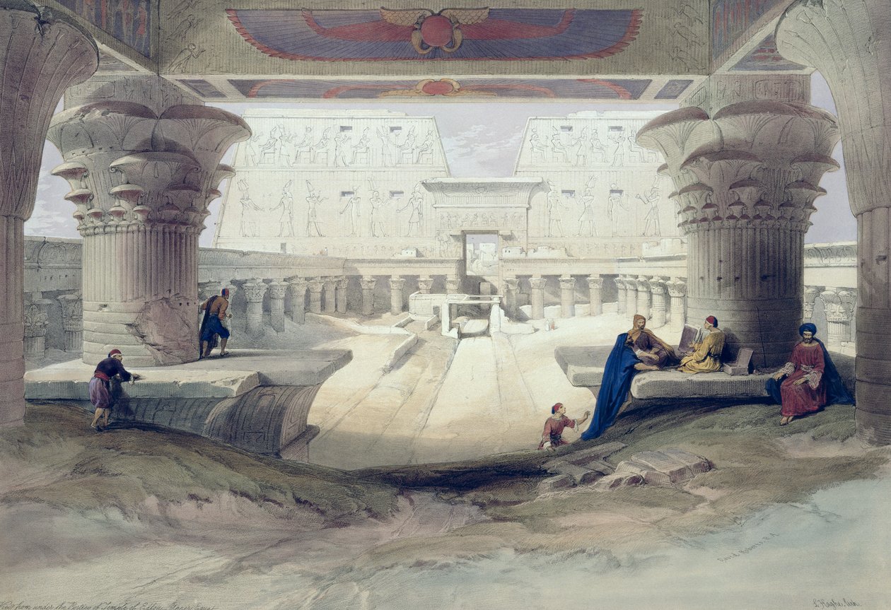 Udsigt fra under portikoen af Temple of Edfou, Øvre Egypten, plade 32 fra bind I af Egypten og Nubien, indgraveret af Louis Haghe (1806-85) pub. 1846 af David Roberts