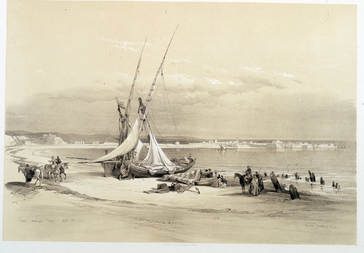 Udsigt over byen Tyre (Tyre) i Libanon, tegning lavet den 27/04/1839 i "" The Holy Land"", London 1849 af David Roberts
