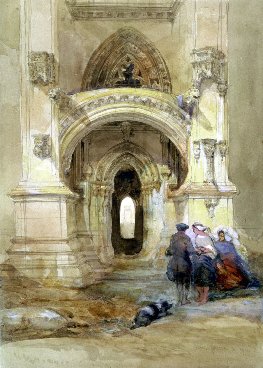 West Porch of Roslyn Chapel (wc & gouache på papir) af David Roberts