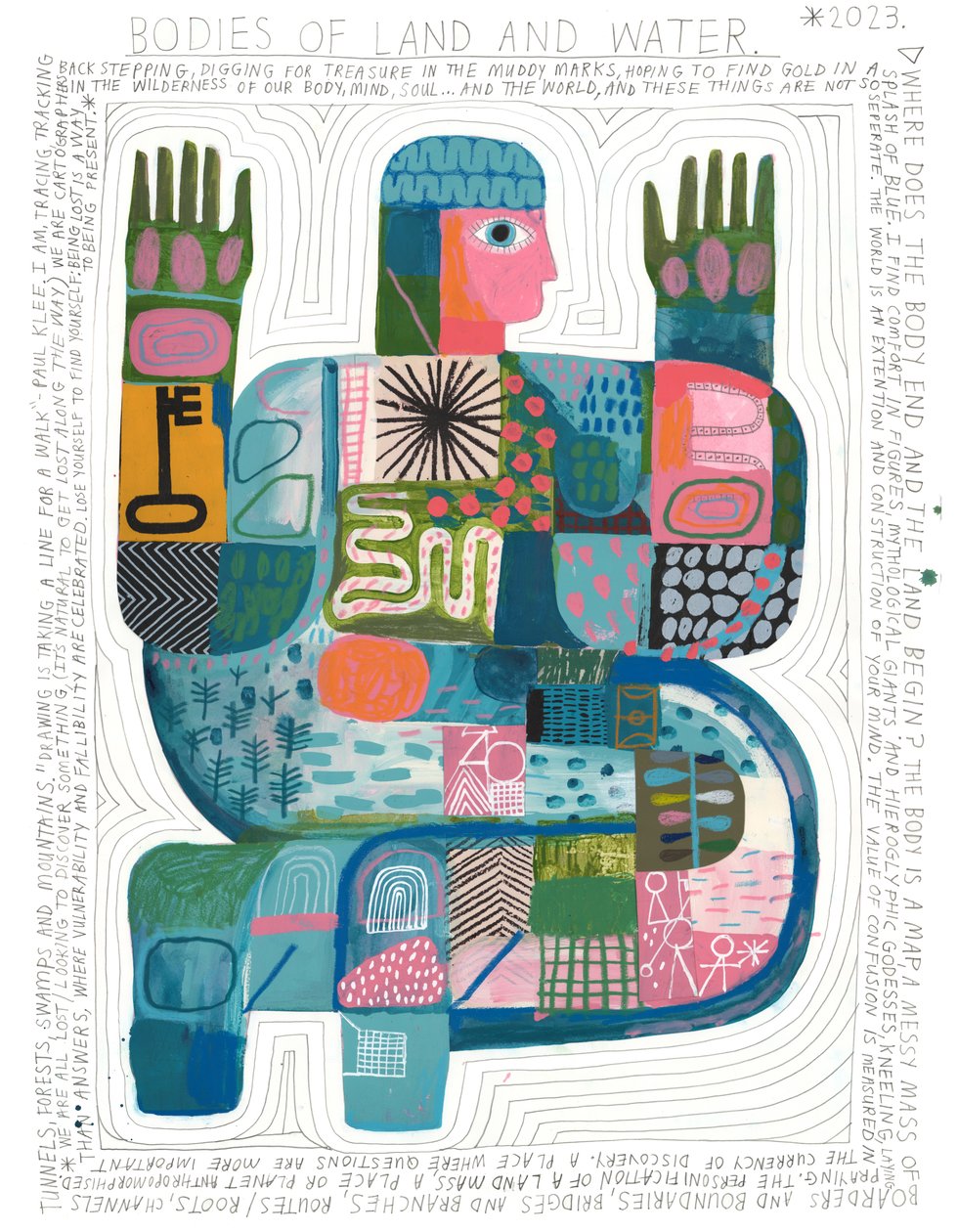 Bodies Of Land And Water, 2023 (akryl og blyant på papir) af David Shillinglaw