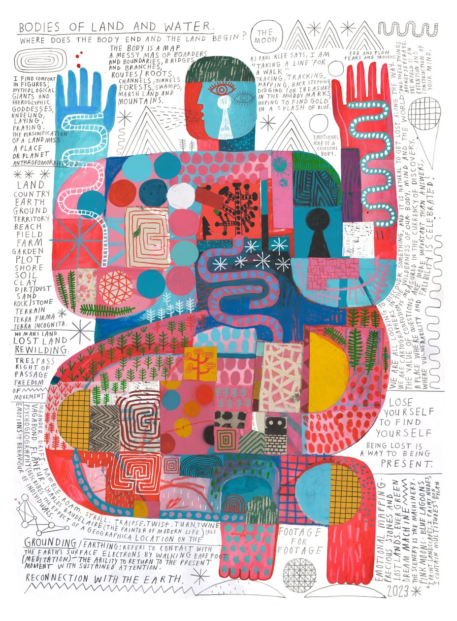 Bodies Of Land And Water 2, 2023 (akryl og blyant på papir) af David Shillinglaw