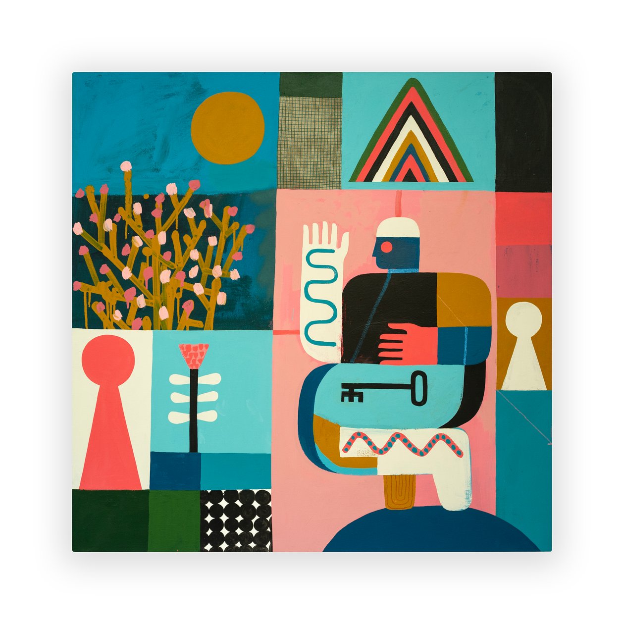 Climbing The Molecular Mountain, 2023 (maling og collage på lærred) af David Shillinglaw