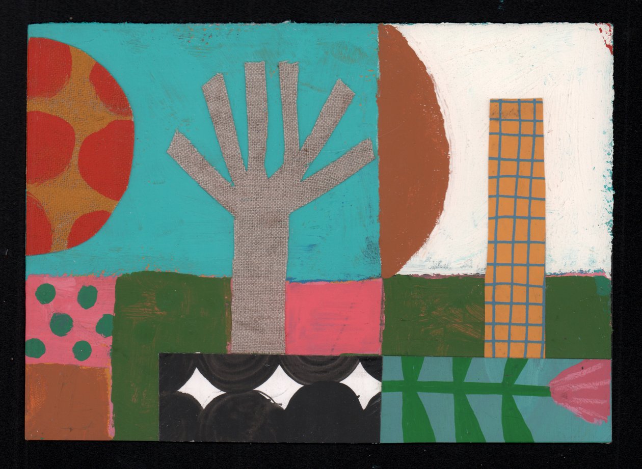 Fruit Tree Sundowner, 2023 (maali ja kollaasi) af David Shillinglaw